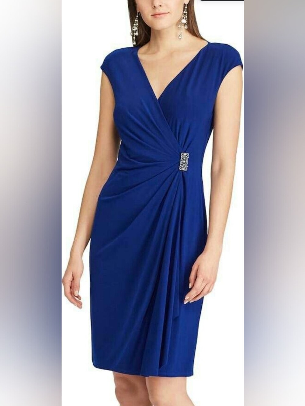 American Living Cobalt Blue Cap-Sleeve Faux-Wrap Dress with Embellished Side